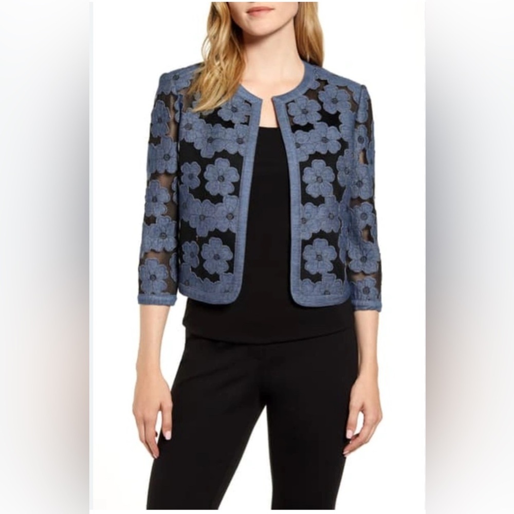 Anne Klein Floral Mesh Chambray Open Front Cropped Jacket Sz 8
